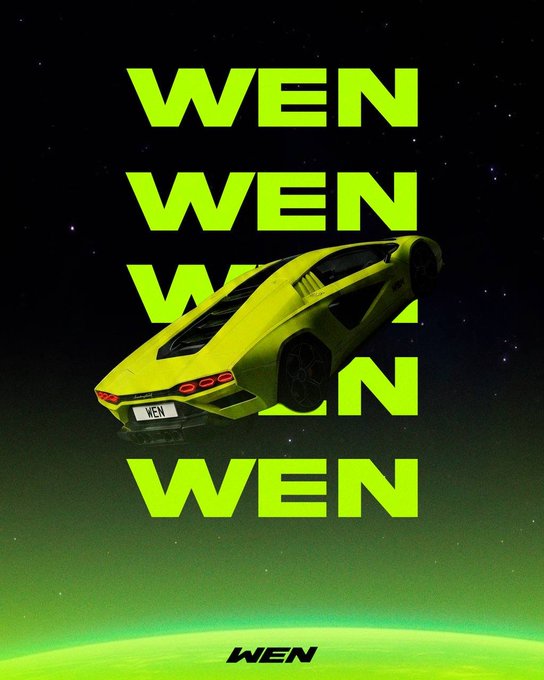 A poster featuring a yellow sports car against a starry background with the word "WEN" repeated multiple times in neon green text, with "WEN" also visible on the license plate and at the bottom.