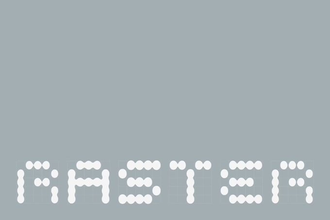 The word 'HMSTER' spelled out using white dot-matrix style circles on a solid gray background.