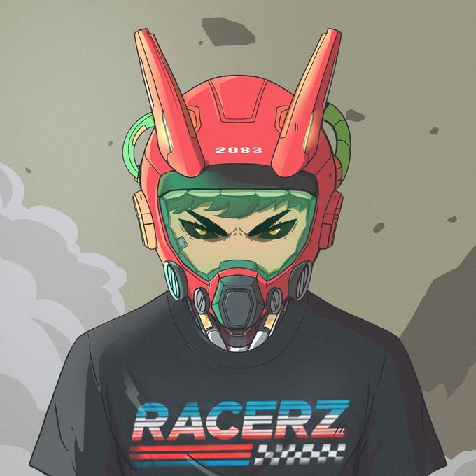 An anime-style illustration of a character wearing a red futuristic helmet marked '2083' and a black 'RACERZ' t-shirt, with green hair and intense yellow eyes.