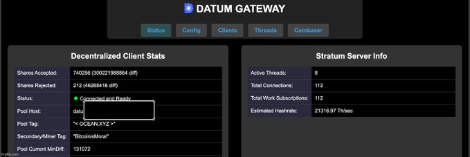 A screenshot of a Datum Gateway dashboard displaying Decentralized Client Stats and Stratum Server Info, with key metrics including 7,402,056 shares accepted (212 rejected) on the "OCEAN.XYZ" pool, connected to 112 workers producing an estimated hashrate of 21,316.97 Th/s, directly illustrating the user's impressive multi-petahash contribution via their BIP-110 nodes.