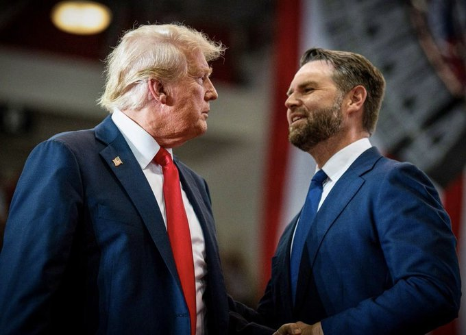 Donald Trump and JD Vance are pictured together, as the post states they are the first President and Vice President to officially hold Bitcoin.