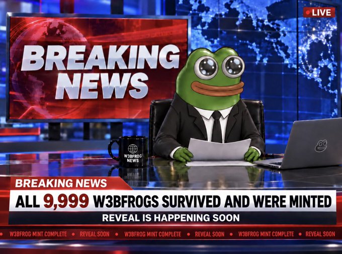 A breaking news broadcast featuring a Pepe the Frog character in a suit at a news desk, announcing 'ALL 9,999 W3BFROGS SURVIVED AND WERE MINTED' with a reveal coming soon.
