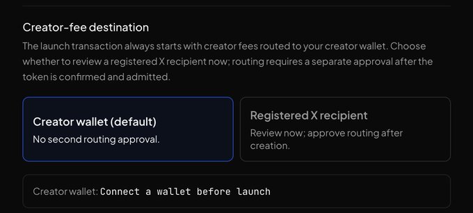 A settings panel titled 'Creator-fee destination' describing launch transaction routing, with options for 'Creator wallet (default)' selected and 'Registered X recipient'.