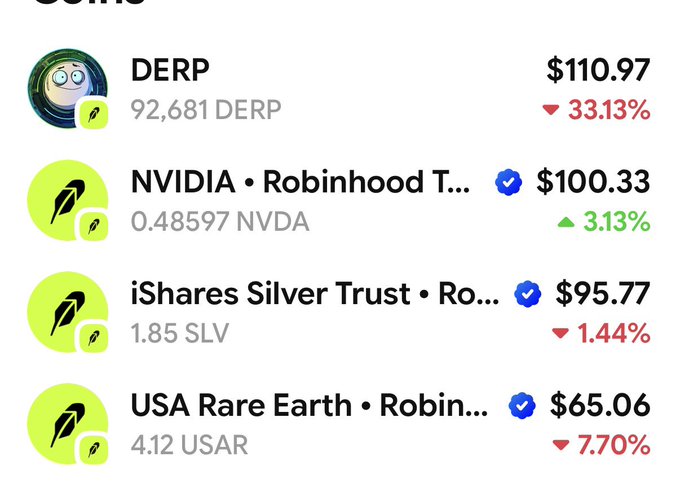 A Robinhood portfolio screenshot showing DERP down 33.13%, NVIDIA up 3.13%, iShares Silver Trust down 1.44%, and USA Rare Earth down 7.70%.
