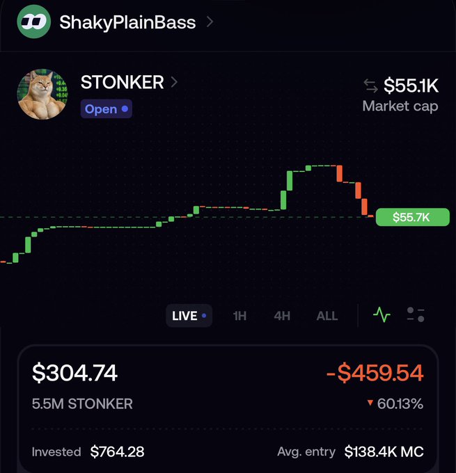 A crypto trading dashboard showing the user's position in STONKER with a market cap of $55.1K, where they are currently down $459.54 (-60.13%) on a $764.28 investment, humorously illustrating their "all in... loss" with the chart showing a sharp decline in price.