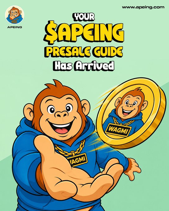 A promotional graphic for 'APEING' featuring a cartoon ape mascot in a blue hoodie holding a gold WAGMI coin, with text reading 'YOUR $APEING PRESALE GUIDE Has Arrived' and the website apeing.com.