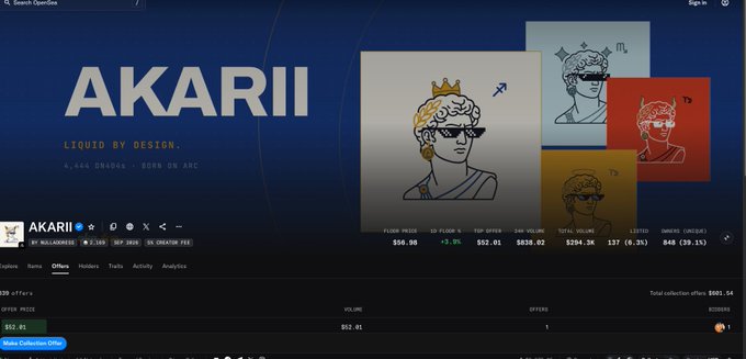An OpenSea NFT collection page titled 'AKARII' with the tagline 'LIQUID BY DESIGN,' displaying floor price $52.01, top offer $52.01, and 24h volume $294.3K.