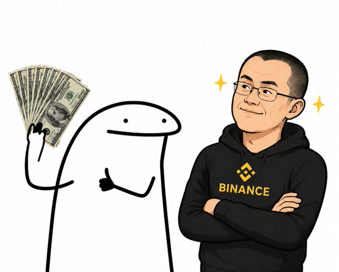 A cartoon illustration showing a simple white character holding a fan of US dollar bills next to a man wearing a black hoodie with the 'BINANCE' logo, surrounded by sparkle accents.