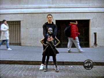 A humorous edited photograph of three people stacked vertically on a Paris street, with the NFT logo watermark in the corner.