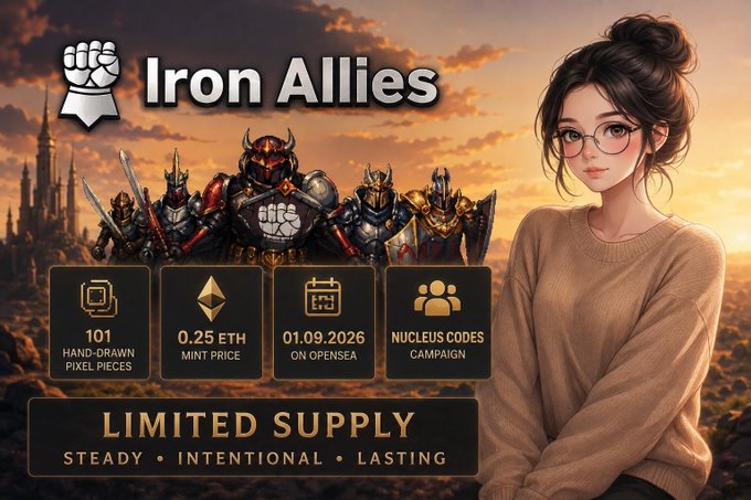 A promotional graphic for 'Iron Allies' NFT collection showing 101 hand-drawn pixel pieces, a 0.25 ETH mint price on OpenSea on 01.09.2026, a Nucleus Codes campaign, an anime-style woman with glasses in a beige sweater, and armored knight characters with the tagline 'LIMITED SUPPLY, STEADY • INTENTIONAL • LASTING'.