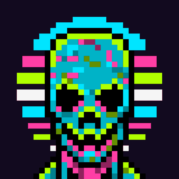 The image features a digital illustration of a skull with blue and pink colors, giving it an alien or futuristic appearance. The skull has a bandana around its neck and appears to be wearing a tie. The background of the image is black, which contrasts with the colorful skull. There are also some text elements in the image that read "Me and @flashrekt have been cooking up some 9m skulls" and "@discord and !9m". This suggests that there might be a connection between the digital illustration and a social media account or online community related to the creation of these digital artworks.
