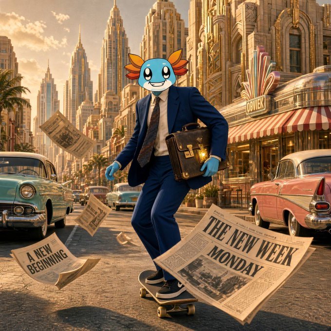A digital illustration of a blue axolotl-headed figure in a suit riding a skateboard through a retro city street, holding a briefcase, with a newspaper reading 'THE NEW WEEK MONDAY' and papers saying 'A NEW BEGINNING' floating around.