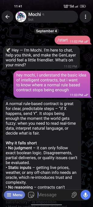 A Telegram chat with 'Mochi bot' explaining why rule-based smart contracts are insufficient, citing lack of judgment, static inputs, and reasoning as limitations.