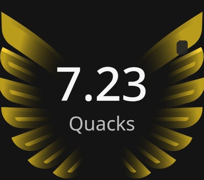 The image features a logo with a bird's wing design and numbers displayed below it. The text "7.23 Quacks" is written below the wing, which suggests that there are 7.23 Quacks of something or someone related to the bird's wing design. This could be an advertisement for a product or service related to birds, or simply a reference to a specific number associated with the wing design. The image and text convey a sense of connection between the bird's wings and the concept being represented by "7.23 Quacks."