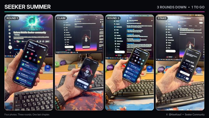 A four-panel collage titled "SEEKER SUMMER" with "3 ROUNDS DOWN • 1 TO GO" shows a hand holding a smartphone across Round 1, Claim, Round 3, and Stake screens of the Solana Mobile Seeker community experience, complementing the post's recap of completing three rounds with anticipation for the final Round 4.