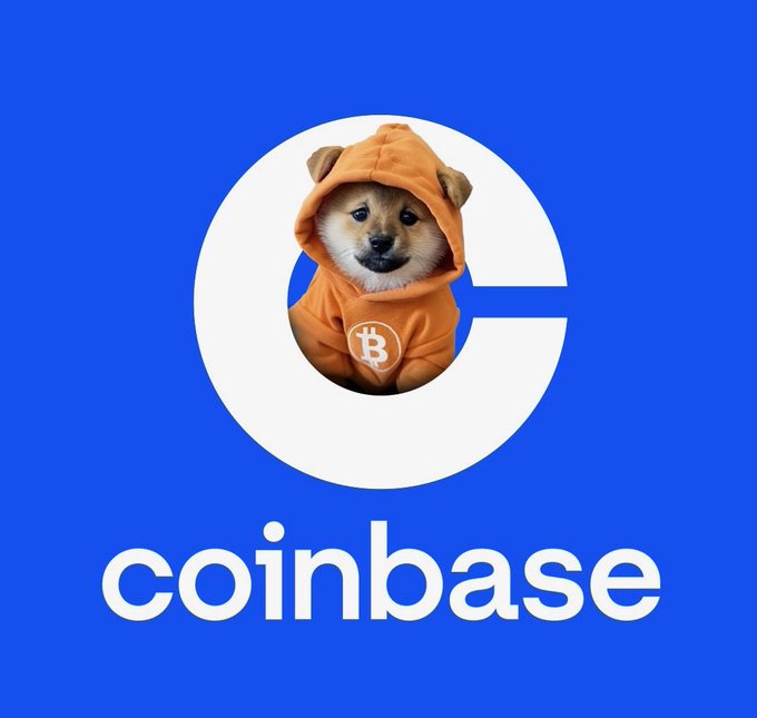The Coinbase logo with a Shiba Inu dog wearing an orange Bitcoin hoodie placed in the center of the 'C' symbol on a blue background.