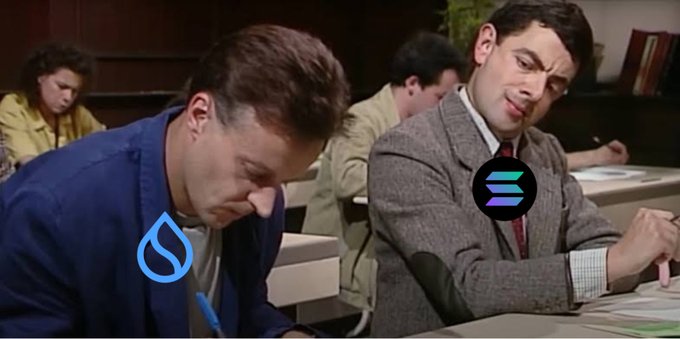 A scene from the movie Good Will Hunting featuring two men in a classroom, overlaid with the Sui ($SUI) cryptocurrency logo and the Solana ($SOL) cryptocurrency logo.
