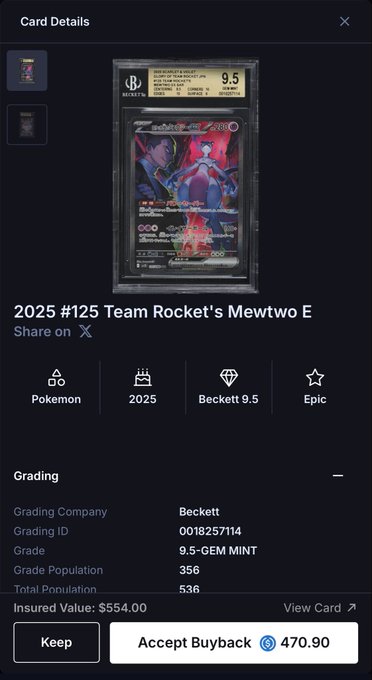 A mobile app screenshot showing card details for '2025 #125 Team Rocket's Mewtwo EX' Pokémon card, graded Beckett 9.5-GEM MINT, with an insured value of $554.00 and an Accept Buyback option of 470.90.