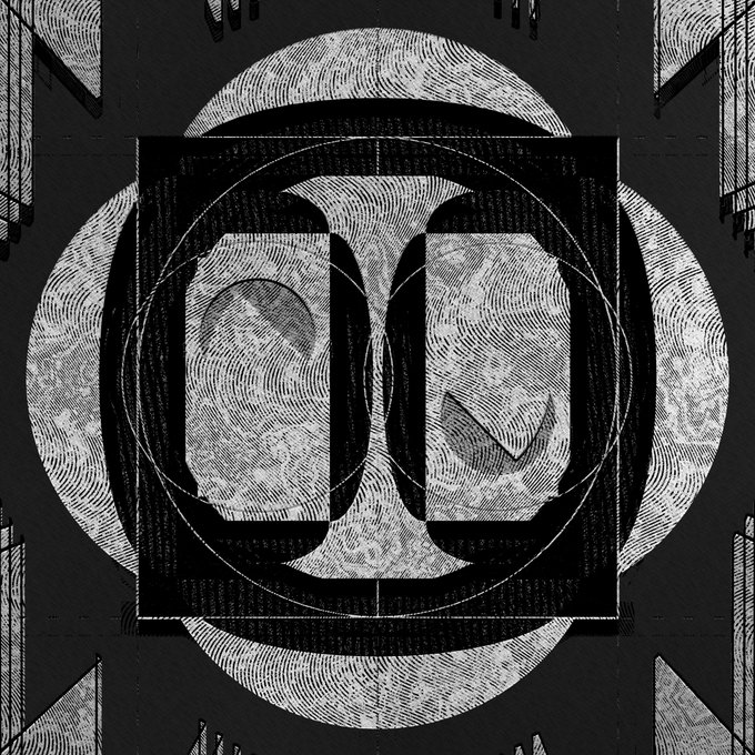 A black and white circular emblem featuring a large monogram with the letters 'Q' and 'I' intertwined, surrounded by geometric square patterns and filled with a fingerprint-like texture.