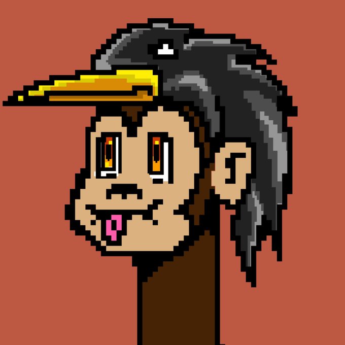 A pixel art image featuring a character wearing a black cap with a gold emblem, displayed against a red background, likely representing the brand or mascot of the "TheWild899" NFT collection mentioned in the post.