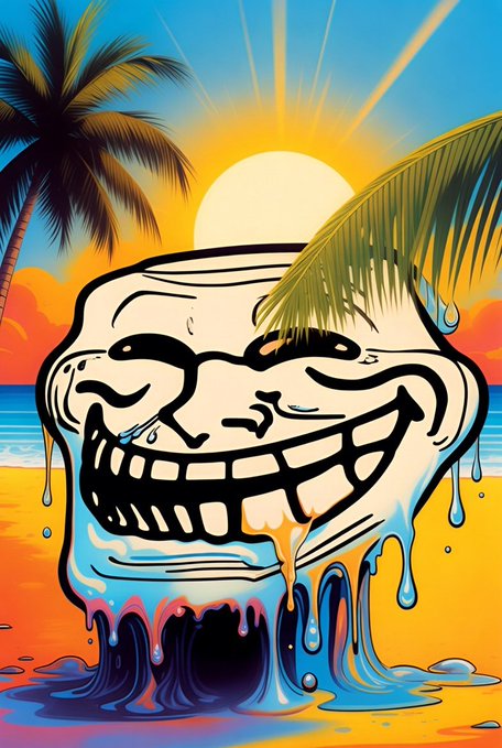 A melting trollface grins against a vibrant tropical sunset with palm trees, dripping in surreal liquid blues and oranges that perfectly capture the image's theme of unrelenting, droopy-cheeked optimism despite everything melting away.