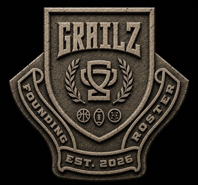 A 3D-rendered stone-style emblem or crest reading 'GRAILZ FOUNDING ROSTER EST. 2026', decorated with laurel wreaths, a trophy-like symbol, and small icons representing sports/games including a basketball, football, and dominoes.