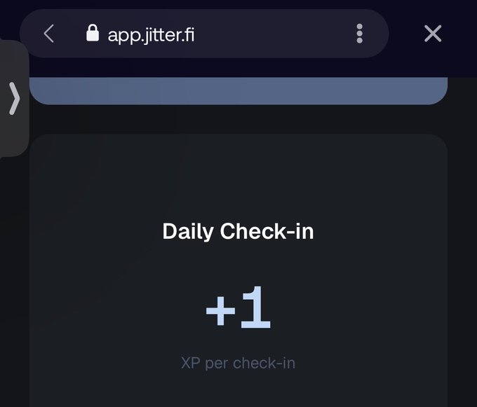 A mobile browser screenshot of app.jitter.fi displaying a 'Daily Check-in' screen that awards +1 XP per check-in.