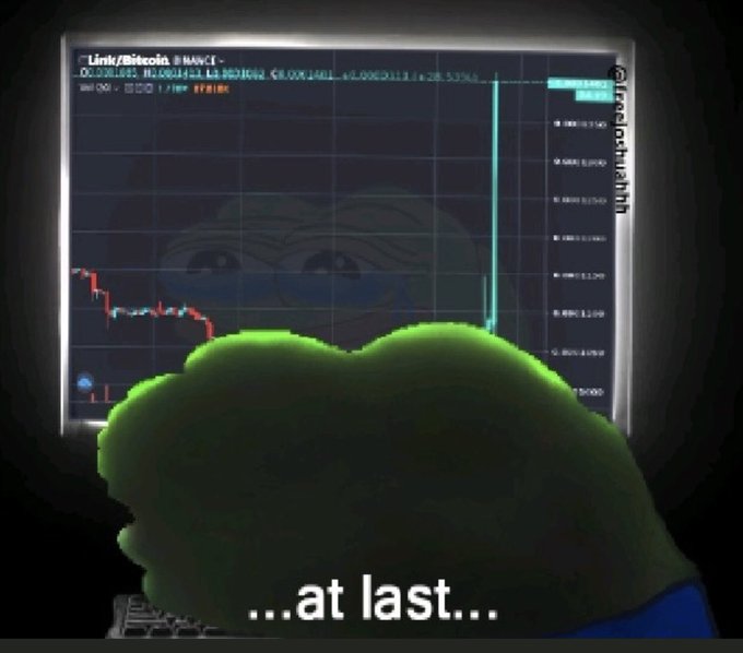 A meme featuring a Pepe frog viewed from behind looking at a 'Link/Bitcoin' price chart showing a massive price spike, with the caption '...at last...'.