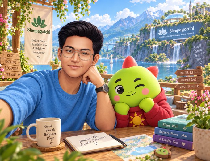 An illustrated promotional image for 'Sleepagotchi' showing a young man with glasses posing next to a cute green dragon-like mascot, with wellness messages like 'Better Sleep, Healthier You' and 'Sleep Well, Explore More'.
