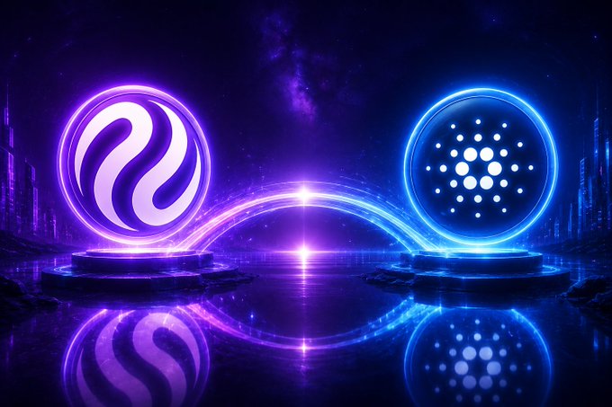 A futuristic digital artwork featuring two glowing circular cryptocurrency-style logos connected by a luminous arc—one purple with a wave-like 'S' symbol and one blue with a dotted pattern—reflecting on a dark watery surface against a cosmic background.