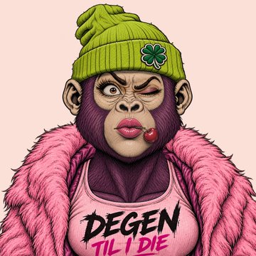A stylized illustration of a monkey with feminine features, red lipstick, and a cherry in its mouth, wearing a green beanie and pink fur coat over a tank top reading 'DEGEN TIL I DIE'.