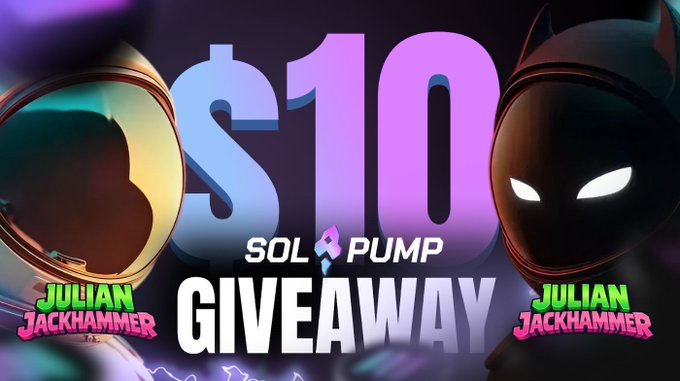 The image features two men with cat heads wearing spacesuits, one wearing a helmet and the other a helmet without any visible protection or shield. They appear to be competing against each other, possibly in a virtual video game. In the background of the image, there is text that reads "SOL pump Giveaway", indicating an ongoing contest related to space exploration. The main focus of the image is on the two men and their cat heads' suits, with the $10 giveaway being highlighted as the prize for entering the contest.