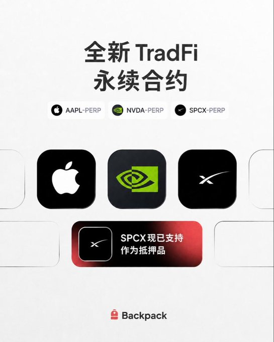 A promotional graphic in Chinese for a new TradFi perpetual contract, displaying tickers AAPL-PERP, NVDA-PERP, and SPCX-PERP with their respective logos and the Backpack logo at the bottom.