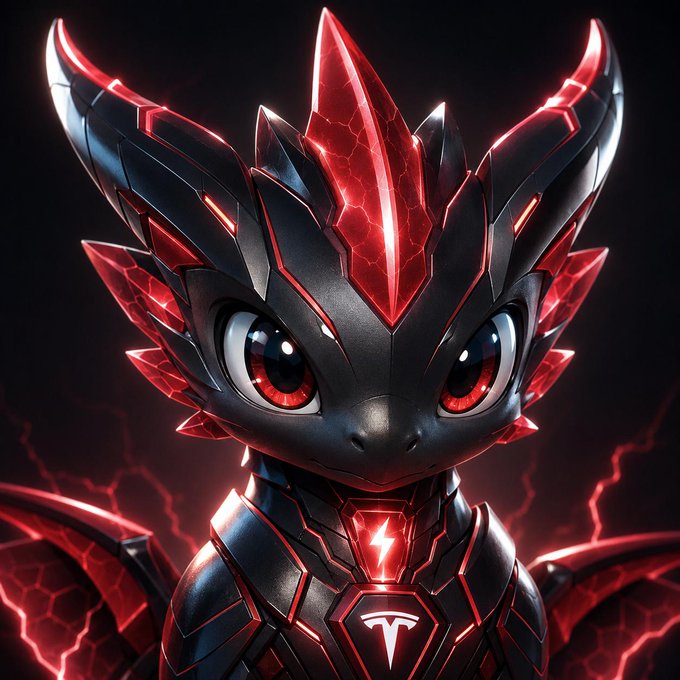 A digital illustration of a stylized, robotic creature with a dark metallic armored body, glowing red crystalline spikes, large red eyes, and a Tesla logo on its chest.