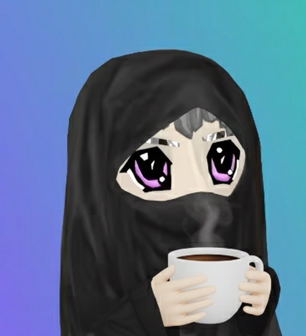 An anime-style illustration of a character wearing a black niqab with large purple anime eyes, holding a steaming white coffee cup against a blue-green gradient background.