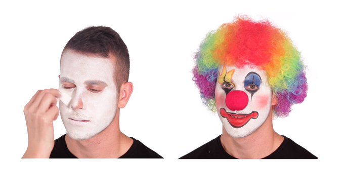 A split-image showing a man applying white face paint on the left and the completed clown look with a colorful rainbow wig and red nose on the right.