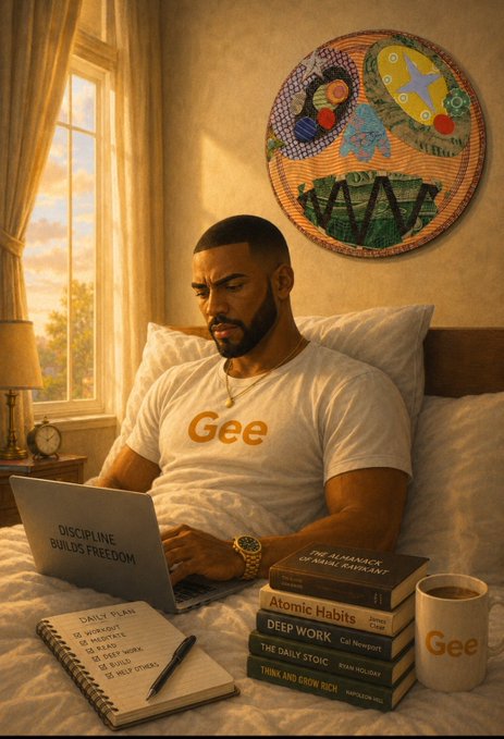 A digital painting of a man sitting in bed working on a laptop labeled 'DISCIPLINE BUILDS FREEDOM,' wearing a t-shirt with 'Gee' on it, surrounded by productivity books like 'Atomic Habits' and 'Deep Work,' plus a 'Gee' branded mug.