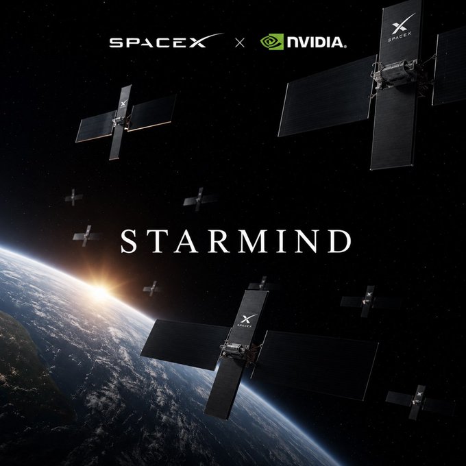 A promotional graphic showing multiple SpaceX Starlink satellites orbiting Earth, with the SpaceX and NVIDIA logos at the top and the text "STARMIND" centered across the image. The "Probably nothing..." caption plays on the meme trope to humorously downplay a potential SpaceX-NVIDIA collaboration involving Starlink satellites.