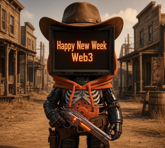 A steampunk robot character wearing a cowboy hat and orange hoodie stands in a Wild West town setting, with a screen displaying "Happy New Week Web3" and holding a glowing orange revolver.