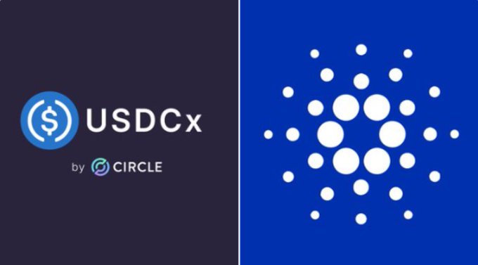The image shows a side-by-side graphic featuring the "USDCx by Circle" logo on a dark navy background alongside the Cardano blockchain logo (white dots pattern) on a blue background, visually representing the bridging of USDCx stablecoin onto the Cardano network.