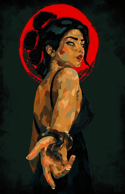 Digital illustration of a dark-haired woman with a snake coiled on her outstretched arm, set against a large red moon on a dark green background.