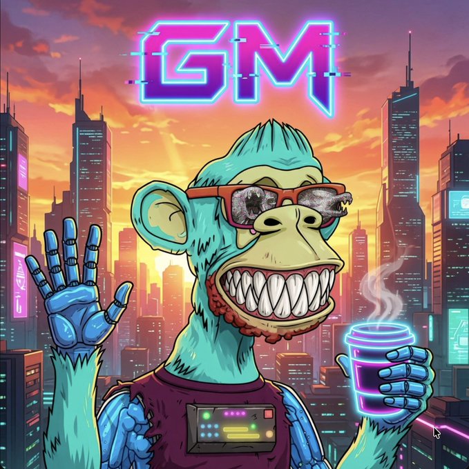 A cyberpunk-stylized cartoon ape wearing sunglasses waves while holding a steaming coffee cup, with a glowing neon "GM" sign and a futuristic cityscape at sunset behind it—visually reinforcing the post's "GM Apes" morning greeting and Bored Ape Yacht Club theme.