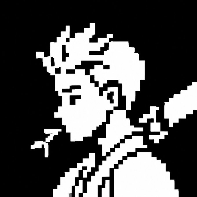 A pixelated black and white image showing the silhouette of a person wearing a wide-brimmed hat and holding what appears to be a rifle.