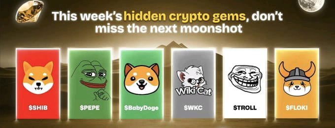 A promotional graphic titled "This week's hidden crypto gems, don't miss the next moonshoot" displays meme coin tokens including $SHIB, $PEPE, $BabyDoge, $WKC, $TROLL, and $FLOKI.
