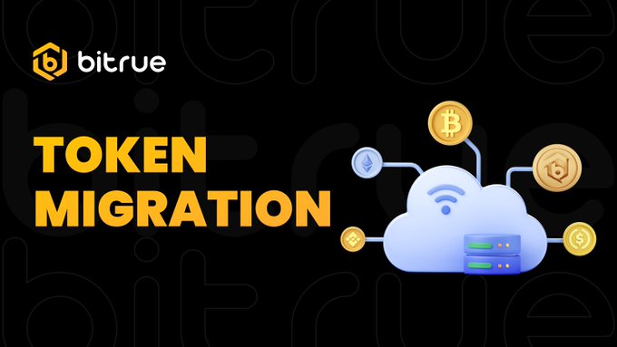 The image is a Bitrue promotional graphic featuring the text "TOKEN MIGRATION" in bold yellow letters alongside the Bitrue logo. It displays a cloud illustration with connected cryptocurrency icons (including Bitcoin and Ethereum) and server graphics, symbolizing a digital token swap process—specifically related to Bitrue's completed Myro ($MYRO) token migration, where deposits, withdrawals, and spot trading are now open.