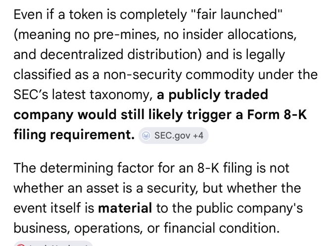 A screenshot of text explaining how even a "fair launched," non-security token would likely trigger a Form 8-K filing requirement for a publicly traded company if the event is material to the business—context for the poster's claim about front-running an 8-K filing on ticker $WALLET.