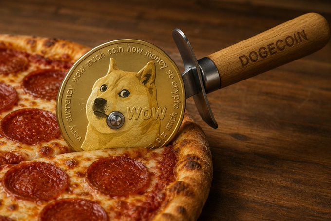A Dogecoin-themed pizza cutter with a gold 'wow' coin blade and 'DOGECOIN' engraved on the wooden handle, resting on a pepperoni pizza.