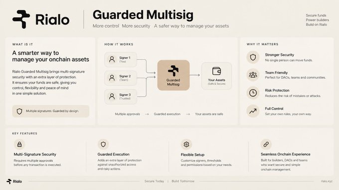 An informational graphic for Rialo's 'Guarded Multisig' product explaining multi-signature wallet security, featuring diagrams of how signer approvals lead to guarded execution and highlighting features like Multi-Signature Security and Full Control.