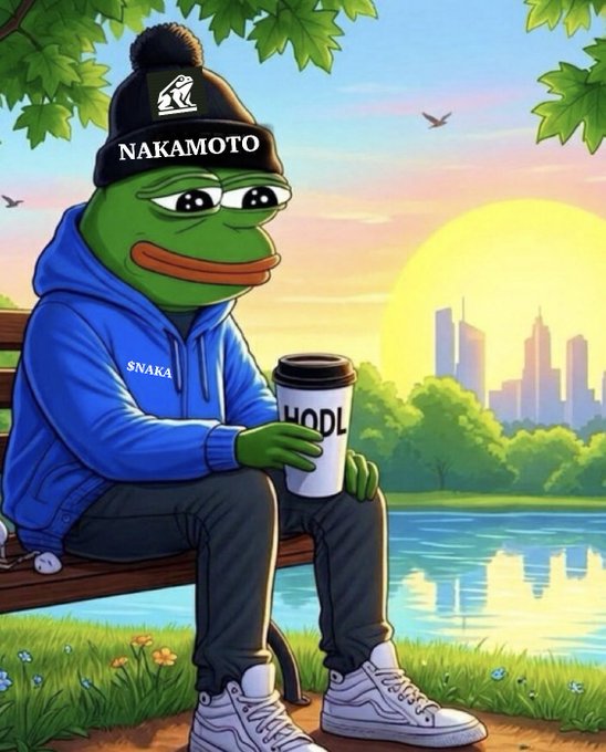 A cartoon Pepe the Frog wearing a "NAKAMOTO" beanie and blue hoodie sits on a park bench holding a coffee cup labeled "HODL," with a city skyline at sunset in the background—visually tying the post's bullish $NAKA sentiment to crypto culture and the Nakamoto brand.