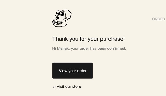 An order confirmation webpage with a skull illustration that reads 'Thank you for your purchase! Hi Mehak, your order has been confirmed.' along with buttons to 'View your order' or 'Visit our store'.